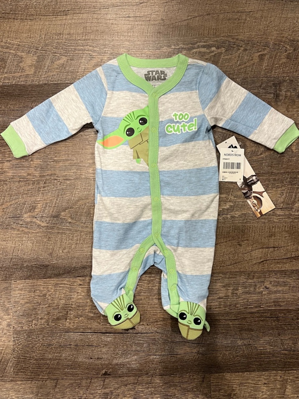 Nordstrom Star Wars Baby Yoda Striped Footie One-Piece - Blue, Gray & Green